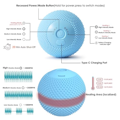Heating Vibrating Massage Ball with 7 Modes & Memory Function for Myofascial Release, Deep Tissue and Trigger Point Muscle Therapy - Targets Back, Hip, Leg, Neck & Foot (Blue) - color: Blue