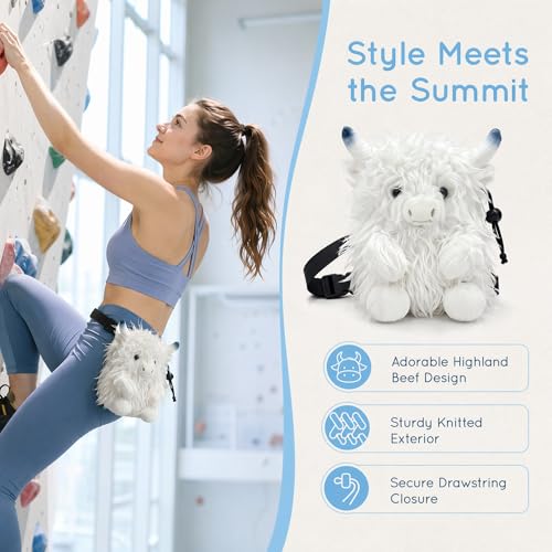 Funny Highland Cow Rock Climbing Chalk Bag, Soft Fluffy Cow Climbing Chalk Pouch with Drawstring Adjustable Belt, Fit Bouldering, Gymnastics Outdoor Activities for Climbers - color: white