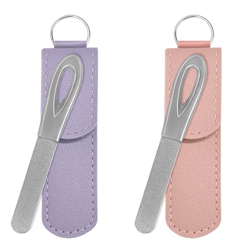 Metal Nail File with Case, 2 Pack Keychain Nail Files for Natural Nails, Fingernail Files Diamond Round Tip Stainless Steel Double Sided Fine Grit Silver Filer with Leather Sheath Travel Pink Purple - size: 2 Pack 3.6 in Silver/Pink/Purple Keychain