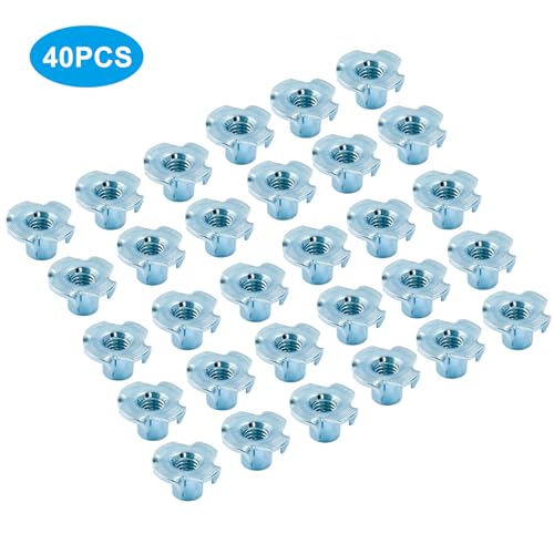 Hitefu M6 X 10mm T-Nut, 4 Pronged, Zinc Plated, 40Pcs | Tee Nuts Threaded Insert, For Table Legs, Rock Climbing Wall, Woodwork Holds, Wood Cabinetry - size: M6-10 (40Pack)