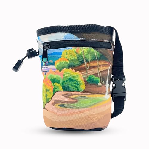Rock Climbing Chalk Bag | for Outdoor, Gym, & Bouldering | Adjustable Waist Belt, Durable Drawstring Closure, & Zippered Pocket - style: Red River Gorge