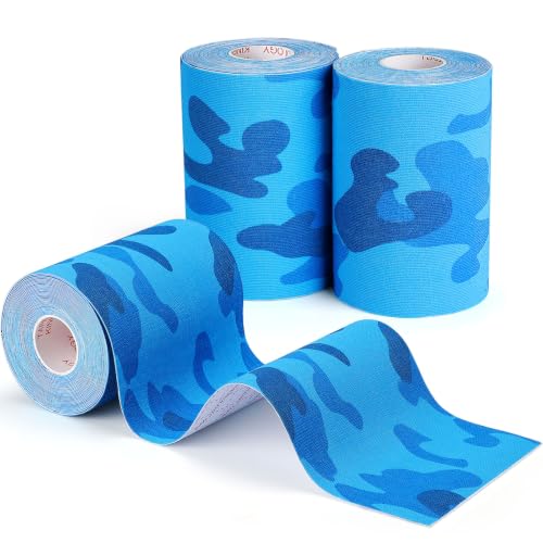 Wide Kinesiology Tape, 3 Pack, 4in x 5.5yd, Waterproof Blue Camo | Waterproof & Sweat-Resistant, Breathable Latex-Free Cotton, For Shoulder, Knee, Fit Sports, Workouts & Active Training - color: Blue 4in