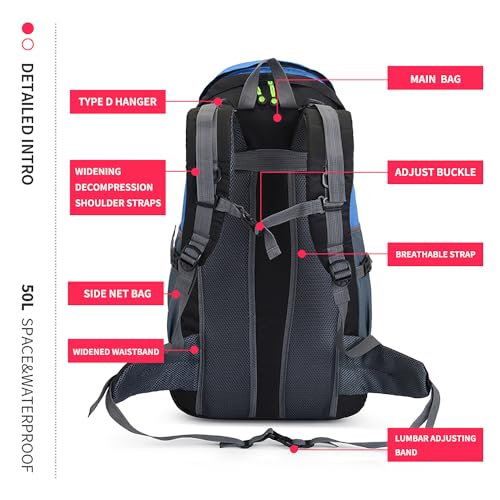 Bseash 50L Hiking Backpack, Water Resistant Lightweight Outdoor Sport Daypack Travel Bag for Camping Climbing Skiing Cycling (Light Blue - No Shoe Compartment) - color: Light Blue - No Shoe Compartment