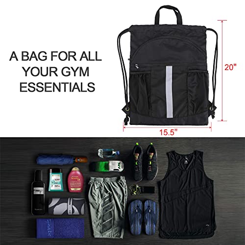 BeeGreen Drawstring Backpack Bag with Shoe Compartment, X-Large Black Gym Sports String Cinch Backpack - color: Black