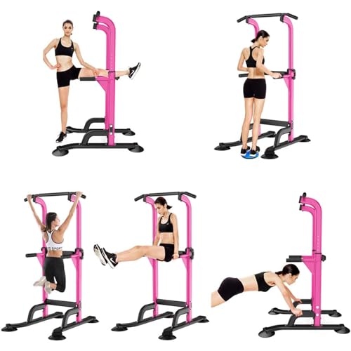 SogesHome Multi-Function Power Tower Pull Up Bar Dip Station for Home Gym | Height Adjustable PullUp Dip Stand, Full Body Strength Training Equipment, Fitness Workout for Push Ups Dips, 330LB Capacity - color: Pink