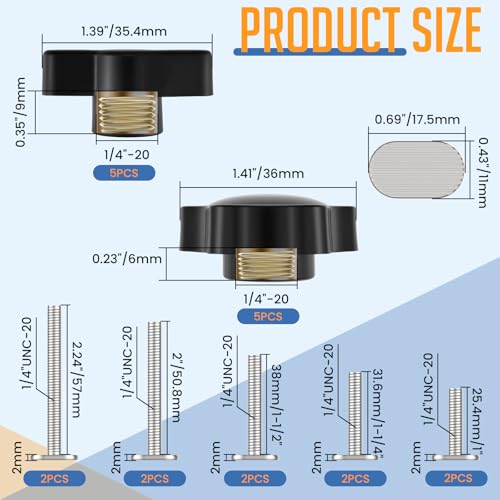 20 Piece Set 1/4"-20 T Track Knob Kit | T-Track Accessories Include 1/4"-20 Bolts, Washers, and Threaded Knob Nuts, Suitable for Woodworking Clamps and Fixtures - size: Small
