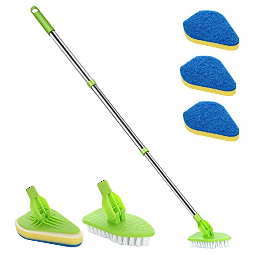 Extendable Scrub Cleaning Brush with Long Handle 35'' - Floor Scrubber | 1 Stiff Bristles & 3 Sponge Brush, Adjustable Lightweigh Kitchen Brush for Baseboard Shower Bathroom Bathtub Tile