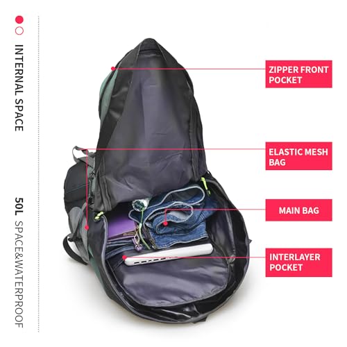 Bseash 50L Hiking Backpack, Water Resistant Lightweight Outdoor Sport Daypack Travel Bag for Camping Climbing Skiing Cycling (Army Green - With Shoe Compartment) - color: Army Green - With Shoe Compartment