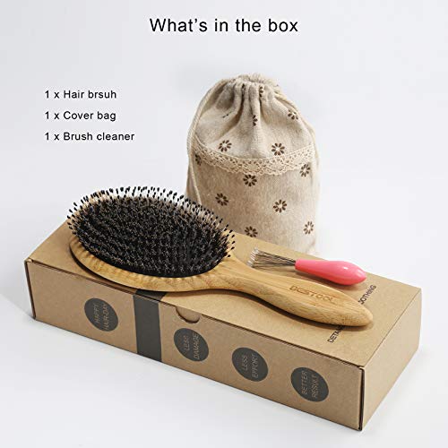 BESTOOL Hair Brush-Boar Bristle Hair Brushes Natural Bamboo Wooden Cushion Massage Anti Static Large Paddle Hairbrush for Women Men and Kid (Round) - color: Natural