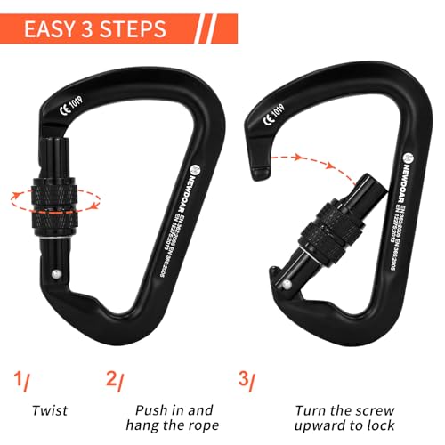 NewDoar CE Certified 30kN-6744lbs Climbing Carabiner Professional, Heavy Duty D Screwgate Clip, for Climbing,Rappelling,Hunting, Rescue - color: Screwgate/Black/2pcs