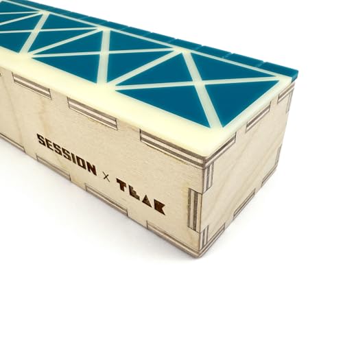 Teak Tuning x Session Wooden Fingerboard Ramp, Shred Ledge Grind Box, Baltic Birch Wood, Acrylic Mosaic in Teal and Cream, 9x3x2.25 Inches