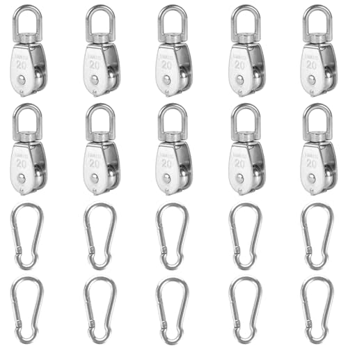 10x 304 Stainless Steel M20 Single Swivel Rope Pulley Blocks w/Snap Hooks | 360° anti-twist swivel pulley. For lifting, towing & hanging wire rope on crane/outdoor. Has spring snap hooks for fast fit - size: M20-10pcs