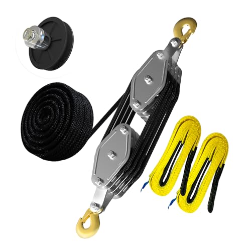 YATOINTO Rope Hoist Pulley System, 4400LB Pulley Block and Tackle, 8:1 Ratio Lifting Power 65ft, Heavy Duty Pulley Block for Lifting Pulling (with 2PCs Straps) - color: black, size: UPGRADED-4wheels+2pcs straps