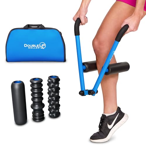 DoubleUP Roller D5 Leg & Arm Massager, Metal Frame, 5 Rollers & Case, Blue | 3X Lever-Action Pressure Control. 5 Quick-Change Rollers + Storage Case. IT Bands, Calves, Quads, Hamstrings, Thighs, Arms. - color: Blue