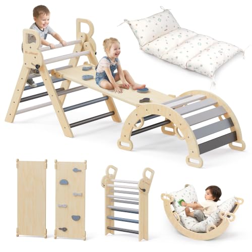 BlueWood Pikler Triangle Set with Cushion, 8-in-1 Climbing Toys for Toddlers, Montessori Philosophy Play Jungle Gym with Arch, Ramp, Ladder(Elegant Gray) | Foldable 8-in-1 Montessori Philosophy Toddler Climbing Toys Indoor with Reversible Ramp, Arch and L