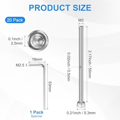 M METERXITY 20-Pack M3 x 55mm Socket Head Cap Screws, 304 Stainless Steel Hex Machine Bolts, Allen Socket Drive Screw with Hex Wrench for Repair/DIY, Fully Threaded Fasteners Kit [Silver] - size: M3 x 55mm