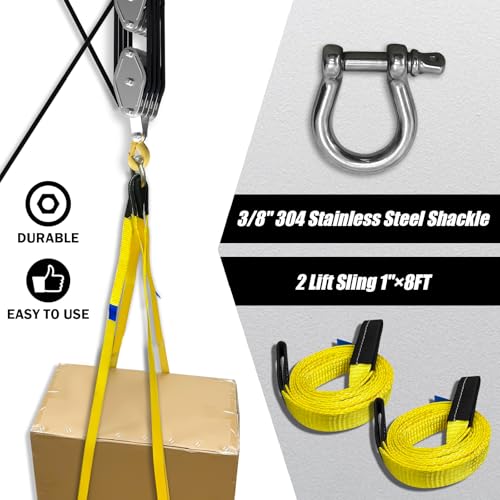 YATOINTO Upgraded Rope Hoist Pulley System, 4400LBS Block and Tackle with 304 Stainless Steel Shackle 2PCS Lift Sling, 8:1 Power 65ft Heavy Duty Pulley Block for Lifting Garage Warehouses Building - color: black, size: UPGRADED-4wheels+2lift sling&1shackl