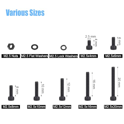 DYWISHKEY 566 Pieces M2.5 Black Screws, 12.9 Grade Alloy Steel M2.5X 4/6 /8/10 /12/16 /20mm Hex Socket Head Cap Screws Bolts Nuts Washers Assortment Kit - size: M2.5, style: Socket Head