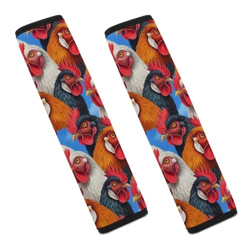 Soft Padded Seat Belt Cover for Girls and Boys, Stroller Pushchair High Chair, 2 Piece Roosters Animals Funny Chicken Shoulder Protector Anti-Slip Pad - color: Pattern 373