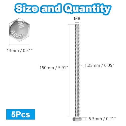 5 Pcs M8 Hex Bolts M8-1.25 x 150mm Hex Head Screw Bolt 304 Stainless Steel M8-1.25mm Hexagon Bolts Hex Head Screws, Metric Machine Fully Thread, Bright Finish - size: M8-1.25 x 150mm