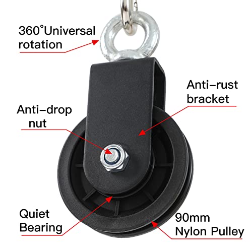 90mm Gym Pulley System Pulley Wheel with 2 Hanging Strap Carabiner, Fitness Swivel Pulley Wheel for DIY Home LAT Pulldown and Lift Cable Machine