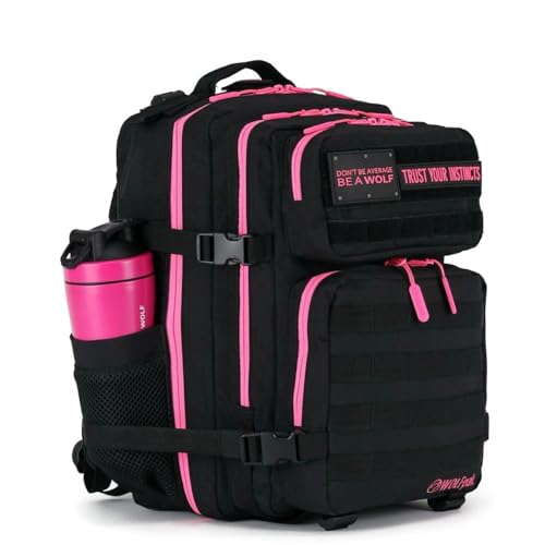 WOLFpak 35L Athletic Gym Backpack - Durable 1000D Waterproof Oxford Material with MOLLE Webbing, Laptop Pocket - color: Black Neon Pink