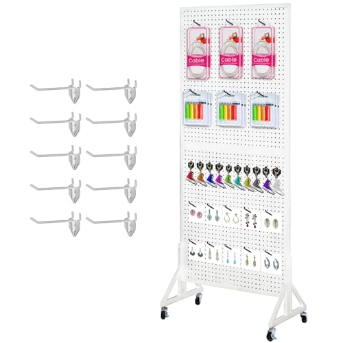 Eastern Tree 2.5'x 6' Metal Pegboard Display Stand with T-Base, Peg Board Panels Display with Casters, Standing Pegboard Display, Retail Display Stand, Extra 10 Pieces Hooks, White - size: 1-Pack White