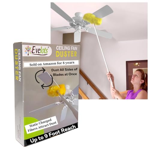 Evelots Ceiling Fan Blade Brush Cleaner - Long Extension Pole - Brush Both Sides at the Same Time - Scratch Resistant Microfiber Feather Cobweb Duster - Extra Long with Reach up to 9 Feet - style: 1 Unit - Up to 9 Feet Reach