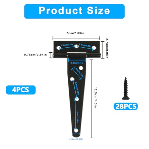 4 Pcs 5 inch T Strap Hinges Heavy Duty, Shed Door Gate Hinges | 5 inch t hinges Heavy Duty Black Outdoor Tee Hinge for Wooden Fences, Barn Door Gates Hinge for Shed Door Hardware - size: 5 Inch