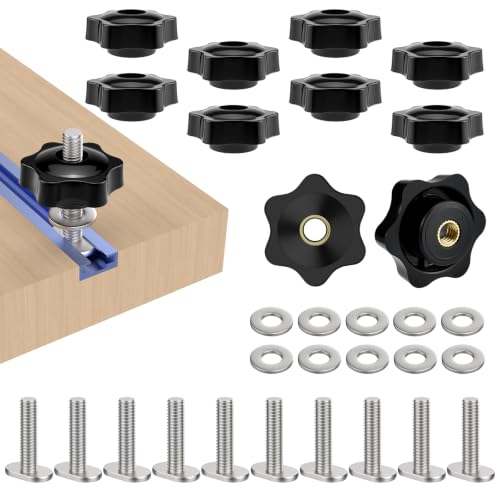 10 Sets 1/4"-20 T-Slot Fastener Kit | 1 Inch T Track Bolts with Star Knob Nuts | Heavy Duty Accessories | For Woodworking Fixture Installation - size: 1 Inch