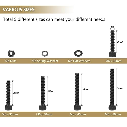 82 Pieces Black M6 x 30/35 /40/45 /50 mm Hex Socket Head Cap Screws Nuts Washers Assortment Kit, 12.9 Grade Alloy Steel - size: M6 x 30/35/40/45/50mm, style: Socket Head