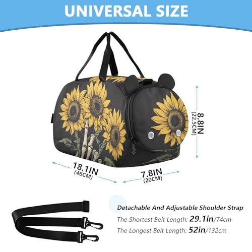 Kids Sports Duffel Bag for Boys & Girls - Skull Hand Skeleton Sunflower 100% Polyester Gym Bag with Separate Shoe Compartment, Adjustable Shoulder Strap, Compact Travel & Workout Gear - color: Skull Hand Skeleton Sunflower