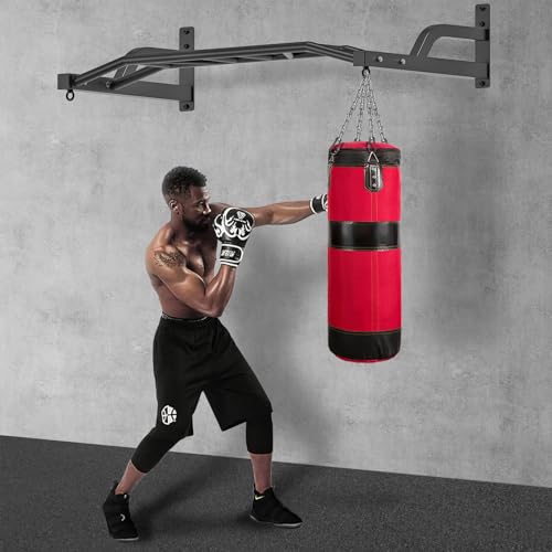 SELEWARE 48'' Heavy Duty Wall Mount Pull Up Bar with Cable Pulley System | Multi-function Chin up Bar with Cable Pulleys LAT Pulldown Attachments Heavy Bag Hanger for Home/Garage Gym Strength Training - color: B. Black Pull Up Bar with Hangers