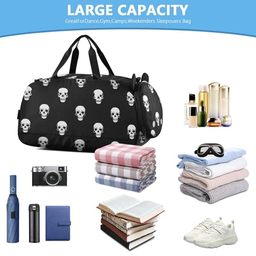Kids Sports Duffel Bag for Boys & Girls - Cute Halloween Skull 100% Polyester Gym Bag with Separate Shoe Compartment, Adjustable Shoulder Strap, Compact Travel & Workout Gear Bag - color: Cute Halloween Skull