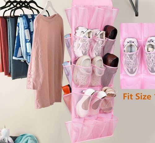 MISSLO 30 Large Pockets Dual Sided Hanging Shoe Organizer for Closet with Rotating Hanger Hanging Shoe Shelves, Pink - color: Pink