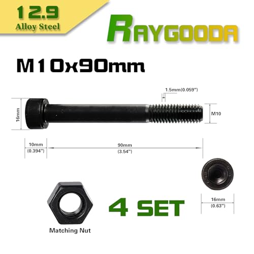 M10-1.5x90 Socket Head Cap Screw and Nut Kit 4set, Grade 12.9 Alloy Steel, Black Oxide Finish, Partially Thread, High Tensile Strength for Automotive, Machinery & Heavy Duty Use - size: M10x90mm(4 Sets）
