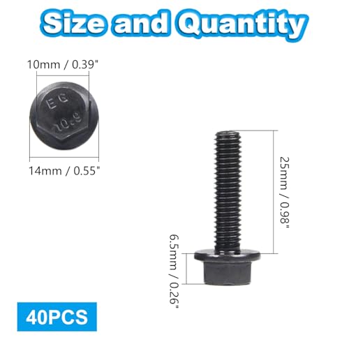 M6-1.0 x 25mm Flanged Hex Head Bolts Flange Hexagon Screws, External Flange Hex Drive Screws,Class 10.9 Black Finish,Alloy Steel, Fully Threaded, 40 PCS - size: M6x25mm