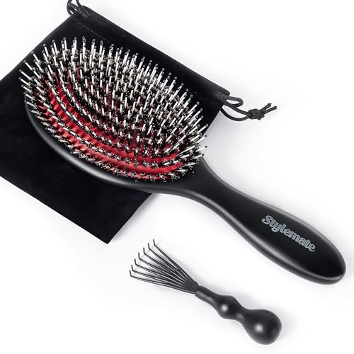 STYLEMATE Boar Bristle Hair Brush for Women Men, Stiff Nylon Pins and Natural Soft Boar Bristles for Thick & Fine Hair,Not waterproof - Large Paddle Smoothing Hairbrush for Detangling, Defining, Shine