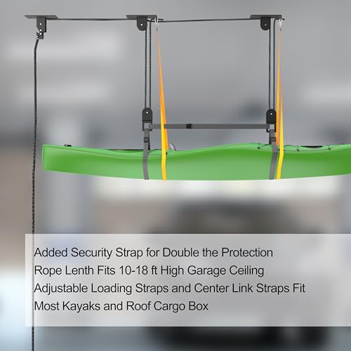 TRUSOON Kayak Hoist, Canoe Pulley for Garage Ceiling, 150 lbs, Black | Fits SUPs bikes ladders and cargo boxes, overhead space saver, heavy duty capacity, 2:1 mechanical advantage