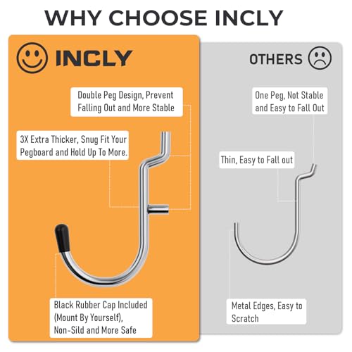 INCLY 100PCS 1/4 Inch Pegboard J Hooks with Peg Locks & Rubber Tipped | Heavy Duty, Peg Board Hooks Accessories,Peg Board Tool Hangers,Fit 1/4" Pegboard for Wall Hanging Tools or Display Jewelry