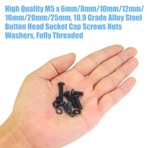 DYWISHKEY 246 Pieces M5 Black Screws, 10.9 Grade Alloy Steel M5x 6/8 /10/12 /16/20 /25mm Button Head Socket Cap Screws Bolts Nuts Washers Assortment Kit - size: M5, style: Button Head Socket Cap