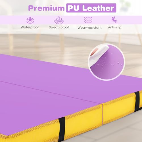 Goplus 4" Thick Folding Gymnastic Mat, Thickened Bi-Fold Fitness Mat with Carrying Handles & PU Leather Cover, Home Gym Tumbling Mat for Stretching, Pilates, Aerobics Workouts - color: Purple&Yellow