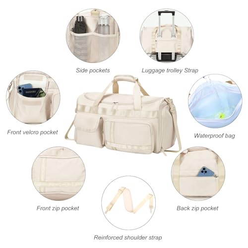 MAXTOP Gym Bag for Women Men Travel Duffle Bag Large Capacity Carry On Weekender Overnight Bag With Shoe Compartment Gym Tote Dry Wet Separation Duffel Bag for Travel - color: Beige, style: Gym Bag
