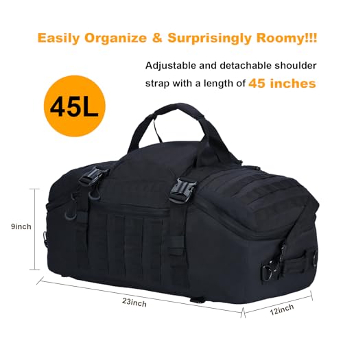 3 in 1 Tactical Travel Duffel Bag Backpack, Heavy Duty Gym Bag 45L,Black | Waterproof 600D nylon, internal collapsible dividers, weekend overnight travel, gym workout,military bag,(23x12x9)In - color: Black, size: 45L,(23x12x9)Inches