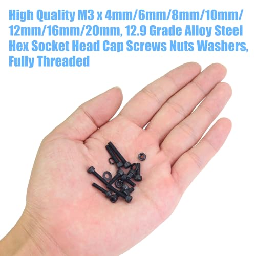 DYWISHKEY 566 Pieces M3 Black Screws, 12.9 Grade Alloy Steel M3x 4/6 /8/10 /12/16 /20mm Hex Socket Head Cap Screws Bolts Nuts Washers Assortment Kit - size: M3, style: Socket Head