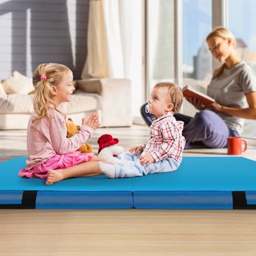 Goplus 4" Thick Folding Gymnastic Mat, Thickened Bi-Fold Fitness Mat with Carrying Handles & PU Leather Cover, Home Gym Tumbling Mat for Stretching, Pilates, Aerobics Workouts - color: Blue