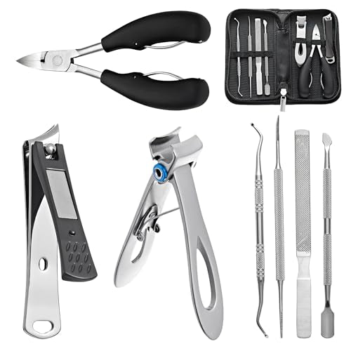 Ingrown Toenail Clippers for Seniors Thick Toenails, 7 Pcs Heavy Duty Large Pedicure Toe Nail Clipper Set with Wide Opening, Includes Nail Cutter, File, Lifter, Cuticle Pusher, Travel Case - color: 7 Pcs Set (Angled Clippers + Large Toenail Clipper)