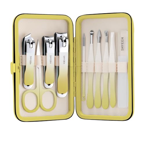 Manicure Set, 10 pcs High-Carbon Steel Nail Clippers Set, Portable Mini Manicure and Pedicure Kit, Travel Grooming Nail Kit with Leather Bag for Men and Women - color: Yellow