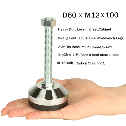 Heavy Duty Leveling Feet, M12 Thread,1300lb Capacity,4 Pcs | Stainless Steel Adjustable Leg Levelers for Shelving, Workbench, Machinery Devices,2.36" Dia Base with Anti-Slip Nylon Pad - size: D60xM12x100,4 Pcs