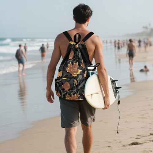 Drawstring Climbing Gym Bag With Pockets Drawstring Bags For Men Women with Wet Dry Compartments Camouflage Maple Leaf Branch Brown Black